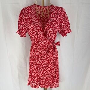 Red Floral Crepe Wrap Dress with Ruffle Sleeves - Small